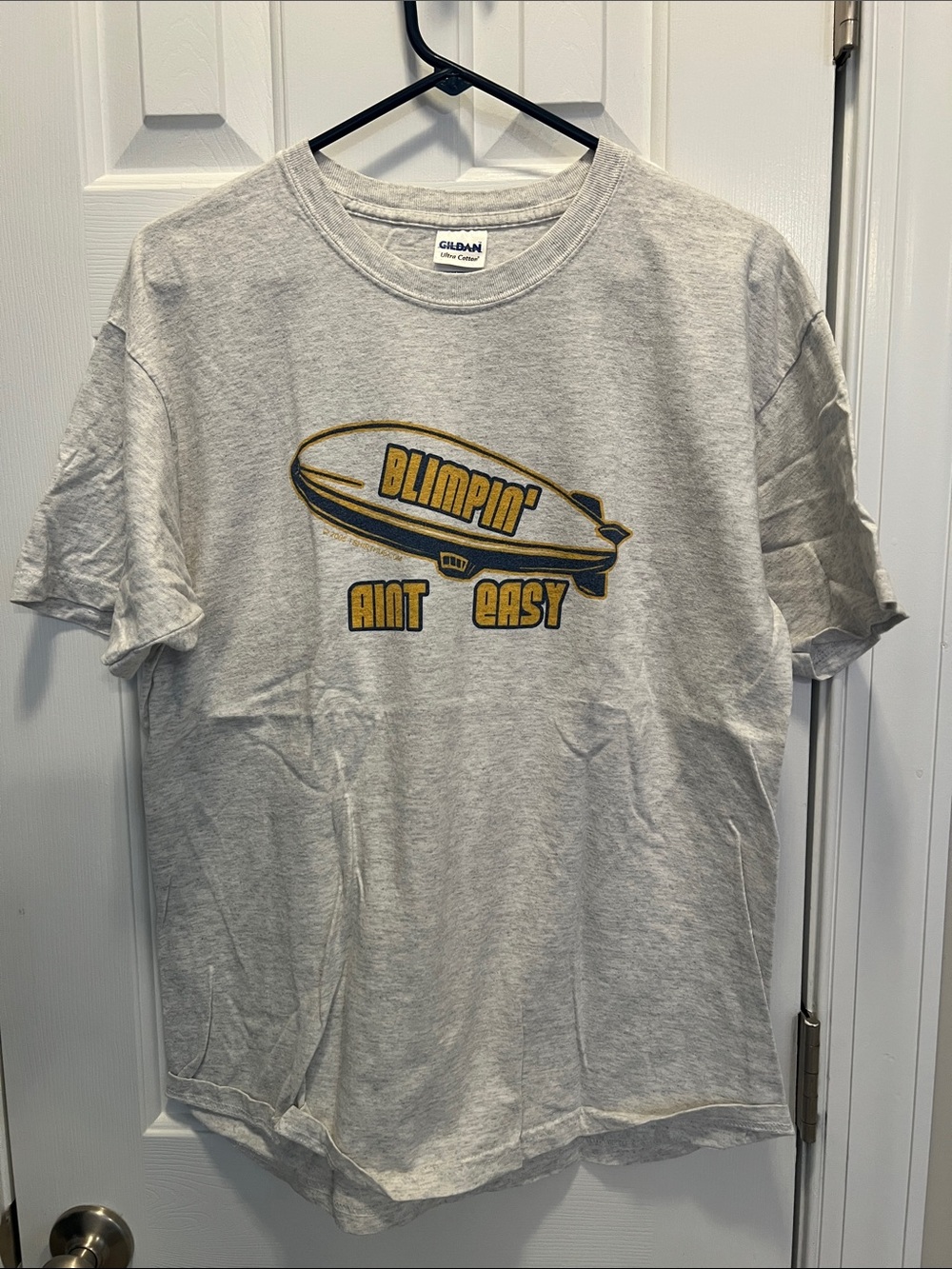 Gildan Light Gray Short Sleeve Tee with Yellow and Navy Blimp Graphic